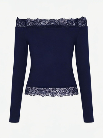 ダークネイビーオフショルダーレーストリムクロップトップ（レディース） - 長袖スリムフィットY2Kブラウス - 2026年春のストリートウェア