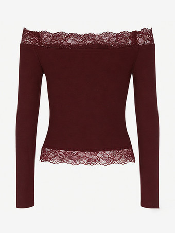ワインレッド オフショルダーレーストリムクロップトップ（レディース） - 長袖スリムフィットY2Kブラウス - 2026年春のストリートウェア