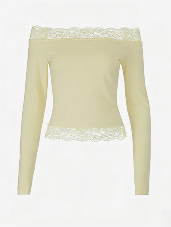 イエローオフショルダーレーストリムクロップトップ（レディース） - 長袖スリムフィットY2Kブラウス - 2026年春のストリートウェア