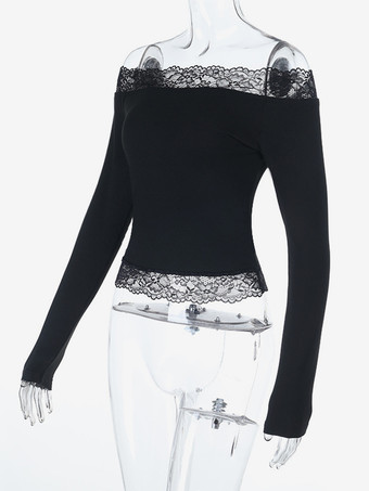 オフショルダーレーストリムクロップトップ（レディース） - 長袖スリムフィットY2Kブラウス - 2026年春のストリートウェア