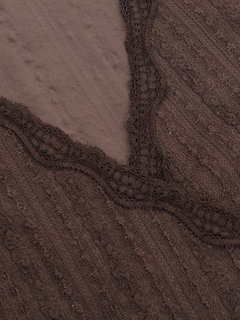 レースラップVネックブラウス（レディース） - ブラウン ヴィンテージ 長袖 スリムフィット クロップドトップス - 春のカジュアルデイリーウェア 2026