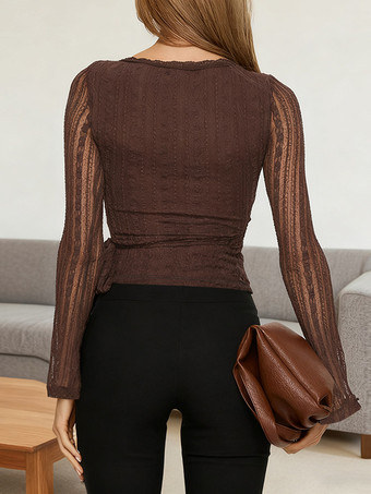 レースラップVネックブラウス（レディース） - ブラウン ヴィンテージ 長袖 スリムフィット クロップドトップス - 春のカジュアルデイリーウェア 2026