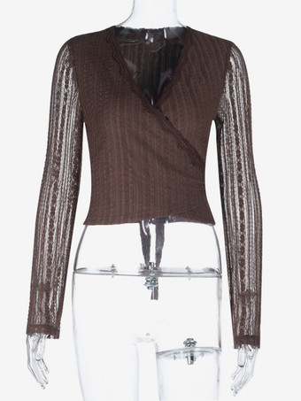 レースラップVネックブラウス（レディース） - ブラウン ヴィンテージ 長袖 スリムフィット クロップドトップス - 春のカジュアルデイリーウェア 2026