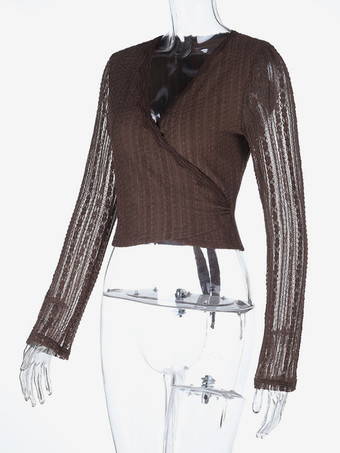 レースラップVネックブラウス（レディース） - ブラウン ヴィンテージ 長袖 スリムフィット クロップドトップス - 春のカジュアルデイリーウェア 2026