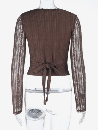 レースラップVネックブラウス（レディース） - ブラウン ヴィンテージ 長袖 スリムフィット クロップドトップス - 春のカジュアルデイリーウェア 2026