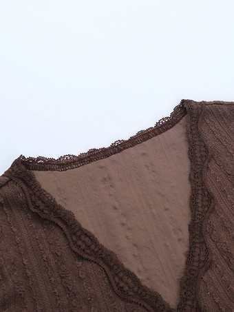 レースラップVネックブラウス（レディース） - ブラウン ヴィンテージ 長袖 スリムフィット クロップドトップス - 春のカジュアルデイリーウェア 2026