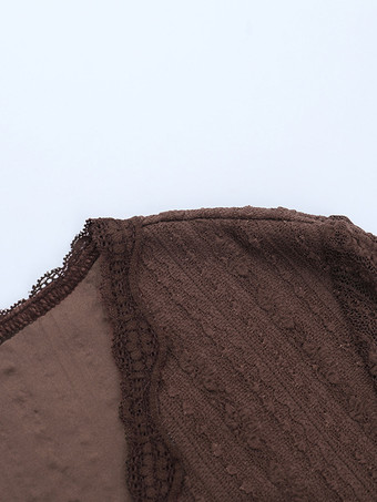 レースラップVネックブラウス（レディース） - ブラウン ヴィンテージ 長袖 スリムフィット クロップドトップス - 春のカジュアルデイリーウェア 2026