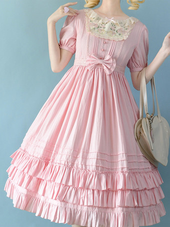ピンククラシックロリータドレス ポリエステル 半袖 ラベンダーロリータドレス