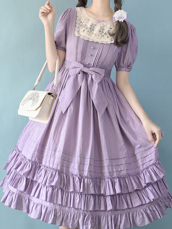ラベンダーカラークラシックロリータドレス ポリエステル 半袖 ラベンダーロリータドレス