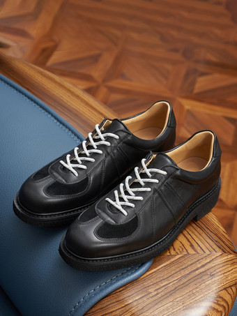 ブラック メンズカジュアルシューズ ラウンドトゥ パッチワーク レースアップシューズ