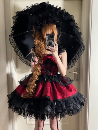 レッド スウィートロリータドレス バックリボン バンデージ JSK ショートロリータドレス