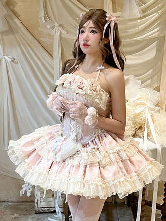 ヒム バレリーナ ロリータ ドレス ブルー ピンクローズ ラッフル JSK レースアップ スウィート ロリータ ドレス