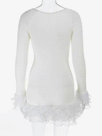 テクスチャードミニドレス（女性用） - クリームホワイト、コケット風、フリルカフ、ボディコン - 夏のビーチデートナイト 2026