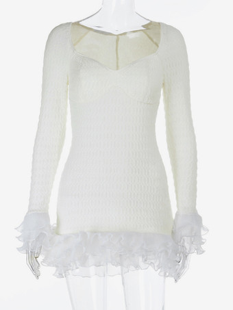 テクスチャードミニドレス（女性用） - クリームホワイト、コケット風、フリルカフ、ボディコン - 夏のビーチデートナイト 2026