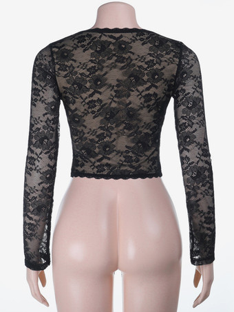 花柄レースのクロップトップ（レディース） - ブラック セクシー Vネック 長袖 - 春のナイトアウト クラブウェア 2026