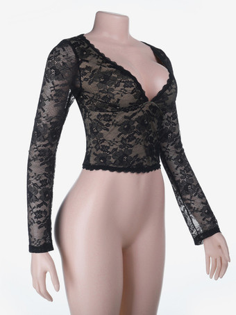 花柄レースのクロップトップ（レディース） - ブラック セクシー Vネック 長袖 - 春のナイトアウト クラブウェア 2026