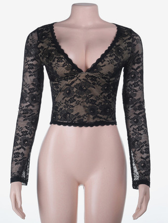花柄レースのクロップトップ（レディース） - ブラック セクシー Vネック 長袖 - 春のナイトアウト クラブウェア 2026