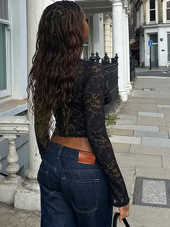 花柄レースのクロップトップ（レディース） - ブラック セクシー Vネック 長袖 - 春のナイトアウト クラブウェア 2026