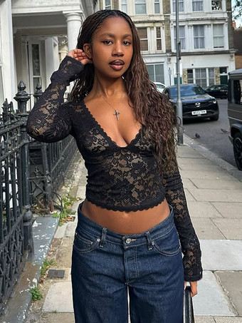 花柄レースのクロップトップ（レディース） - ブラック セクシー Vネック 長袖 - 春のナイトアウト クラブウェア 2026