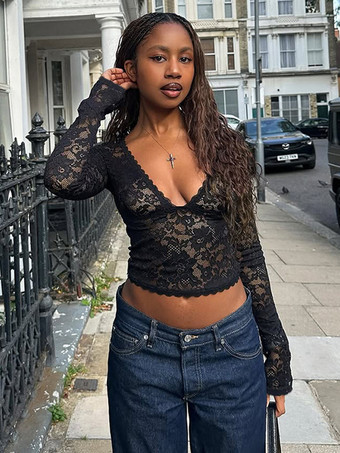 花柄レースのクロップトップ（レディース） - ブラック セクシー Vネック 長袖 - 春のナイトアウト クラブウェア 2026