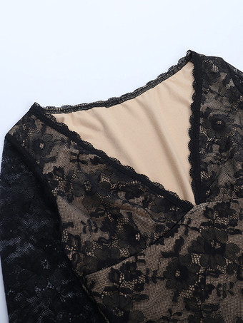 花柄レースのクロップトップ（レディース） - ブラック セクシー Vネック 長袖 - 春のナイトアウト クラブウェア 2026