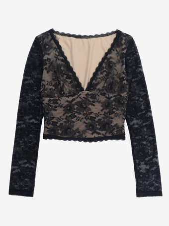 花柄レースのクロップトップ（レディース） - ブラック セクシー Vネック 長袖 - 春のナイトアウト クラブウェア 2026