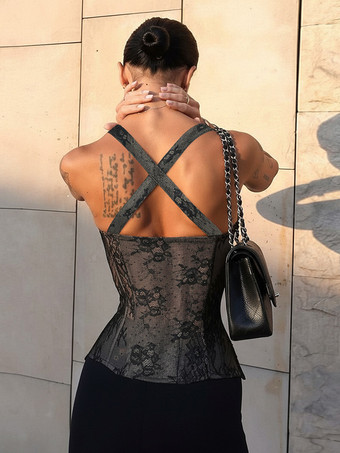 花柄レースコルセットトップ（女性用） - ブラックゴシック調ビスチェ - 夏の夜のクラブウェア 2026