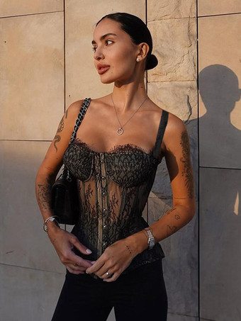 花柄レースコルセットトップ（女性用） - ブラックゴシック調ビスチェ - 夏の夜のクラブウェア 2026