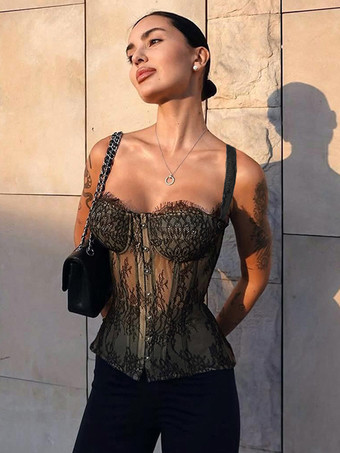 ブラック 花柄レースコルセットトップ（女性用） - ブラックゴシック調ビスチェ - 夏の夜のクラブウェア 2026