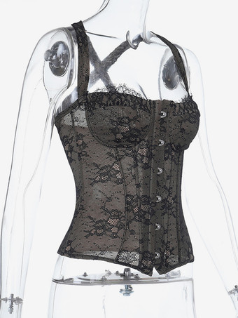 花柄レースコルセットトップ（女性用） - ブラックゴシック調ビスチェ - 夏の夜のクラブウェア 2026