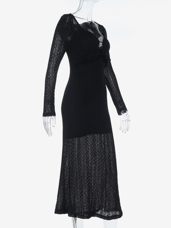 Vネックボディコンロングドレス（レディース） - ブラック セクシーフリルカットアウト - 春のパーティーや結婚式ゲスト向け 2026