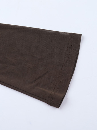 レディースオフショルダーマキシドレス - ブラウン、エレガントなギャザー入りシースルーメッシュスリーブ - 2026年春のパーティウェア