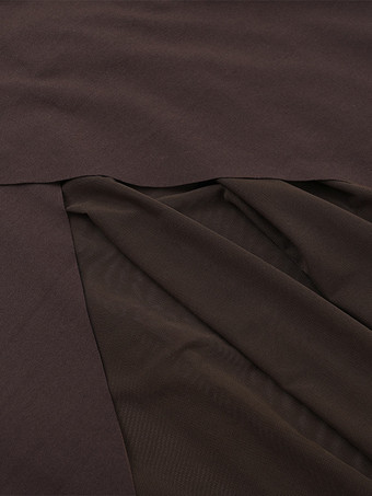 レディースオフショルダーマキシドレス - ブラウン、エレガントなギャザー入りシースルーメッシュスリーブ - 2026年春のパーティウェア