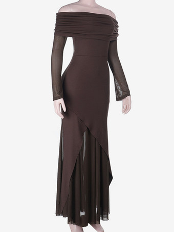 レディースオフショルダーマキシドレス - ブラウン、エレガントなギャザー入りシースルーメッシュスリーブ - 2026年春のパーティウェア