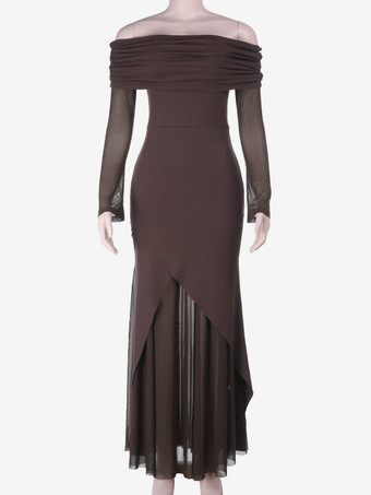 レディースオフショルダーマキシドレス - ブラウン、エレガントなギャザー入りシースルーメッシュスリーブ - 2026年春のパーティウェア
