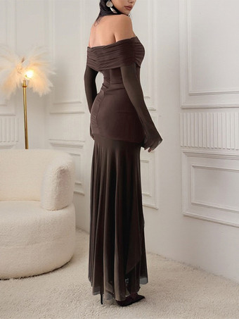 レディースオフショルダーマキシドレス - ブラウン、エレガントなギャザー入りシースルーメッシュスリーブ - 2026年春のパーティウェア