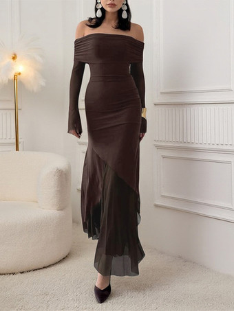 レディースオフショルダーマキシドレス - ブラウン、エレガントなギャザー入りシースルーメッシュスリーブ - 2026年春のパーティウェア