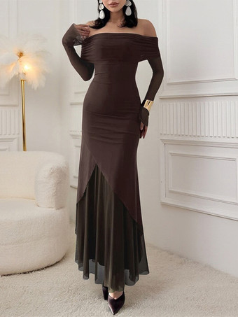 レディースオフショルダーマキシドレス - ブラウン、エレガントなギャザー入りシースルーメッシュスリーブ - 2026年春のパーティウェア