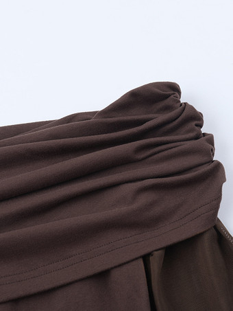 レディースオフショルダーマキシドレス - ブラウン、エレガントなギャザー入りシースルーメッシュスリーブ - 2026年春のパーティウェア