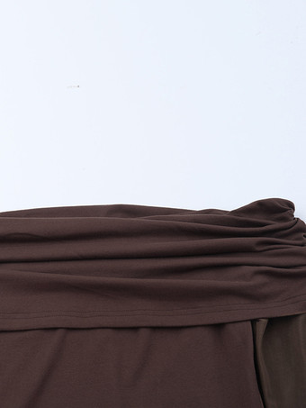 レディースオフショルダーマキシドレス - ブラウン、エレガントなギャザー入りシースルーメッシュスリーブ - 2026年春のパーティウェア