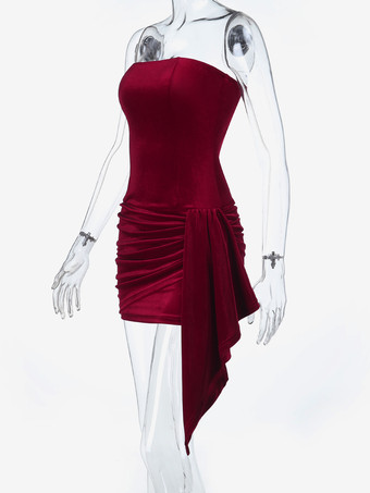 ギャザー入りベルベットボディコンミニドレス（女性用）-レッドストラップレスドレープサイドサッシュ-2026年春夏カクテルパーティーウェア