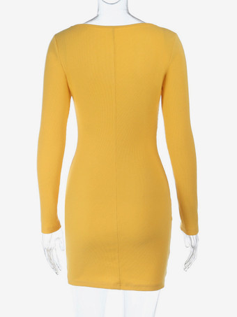 花柄ラインストーンリブ編みワンピース（レディース） - イエロー長袖スクエアネックボディコンミニドレス - 2026年春カジュアルストリートウェア