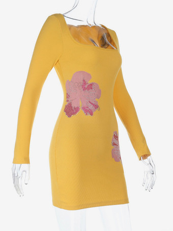 花柄ラインストーンリブ編みワンピース（レディース） - イエロー長袖スクエアネックボディコンミニドレス - 2026年春カジュアルストリートウェア