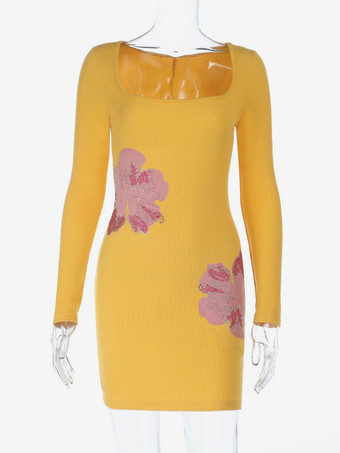 花柄ラインストーンリブ編みワンピース（レディース） - イエロー長袖スクエアネックボディコンミニドレス - 2026年春カジュアルストリートウェア