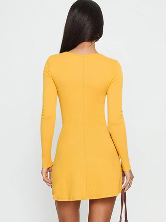 花柄ラインストーンリブ編みワンピース（レディース） - イエロー長袖スクエアネックボディコンミニドレス - 2026年春カジュアルストリートウェア