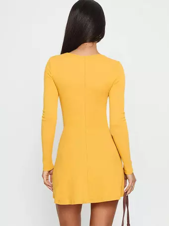 Floral Rhinestone Ribbed Dress For Women - Yellow Long Sleeve Square Neck  Bodycon Mini Dress - Spring Casual Streetwear 2026 - Milanoo.com