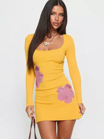 Floral Rhinestone Ribbed Dress For Women - Yellow Long Sleeve Square Neck  Bodycon Mini Dress - Spring Casual Streetwear 2026 - Milanoo.com