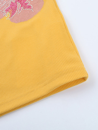 花柄ラインストーンリブ編みワンピース（レディース） - イエロー長袖スクエアネックボディコンミニドレス - 2026年春カジュアルストリートウェア