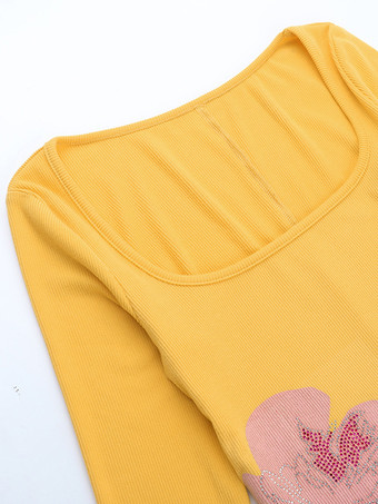 花柄ラインストーンリブ編みワンピース（レディース） - イエロー長袖スクエアネックボディコンミニドレス - 2026年春カジュアルストリートウェア