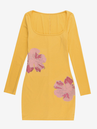 花柄ラインストーンリブ編みワンピース（レディース） - イエロー長袖スクエアネックボディコンミニドレス - 2026年春カジュアルストリートウェア